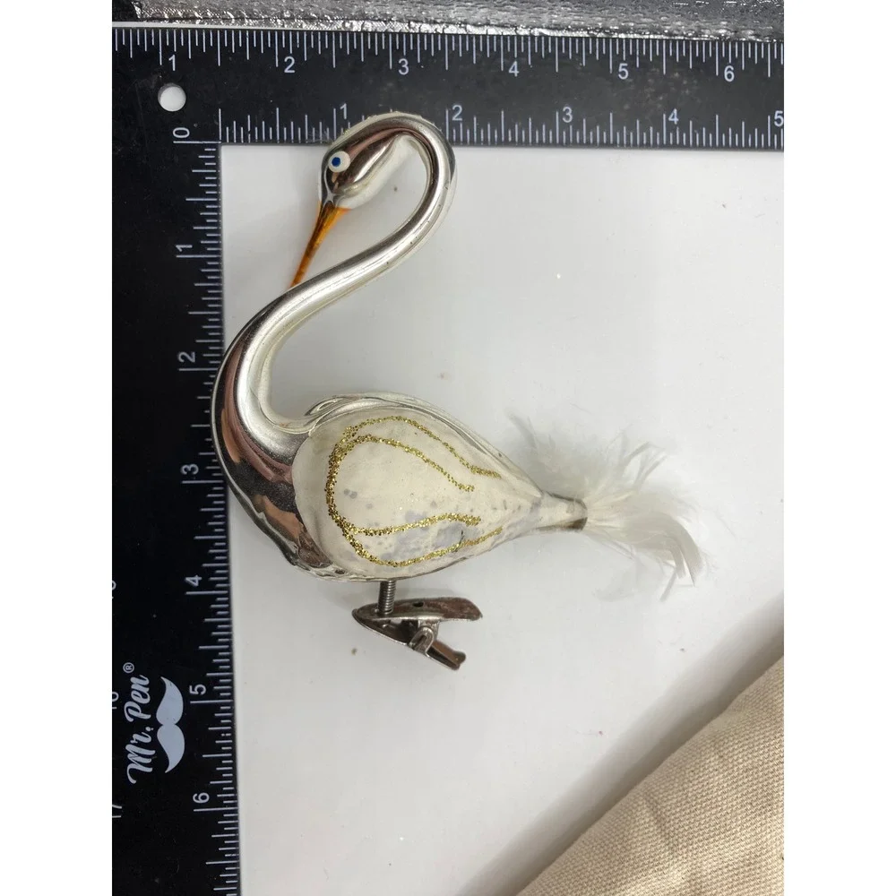 Vintage Glass Swan Ornament‎ White Gold Glitter Clip On Feather Tail Christmas